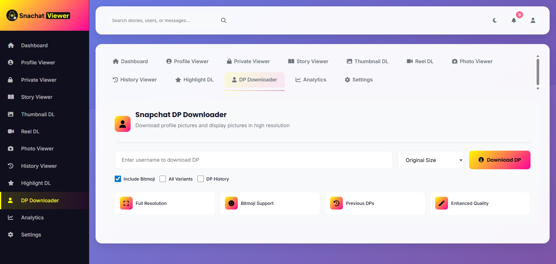 DP Downloader dashboard screenshot