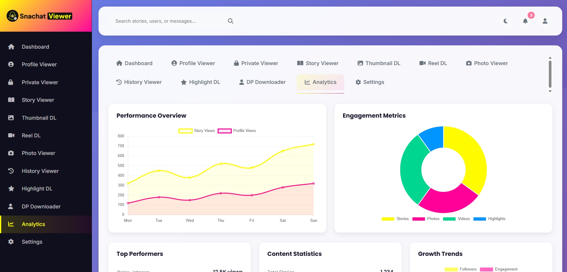 Snapchat Viewer content dashboard screenshot