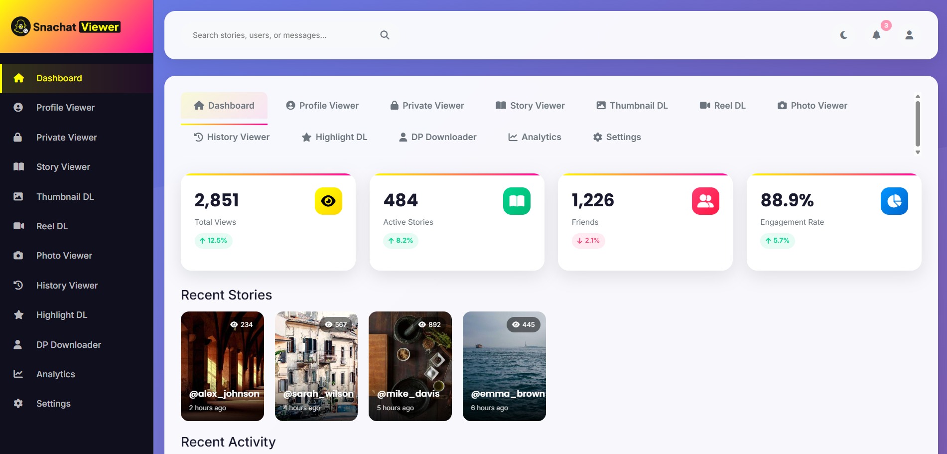 Snapchat Viewer dashboard feature screenshot
