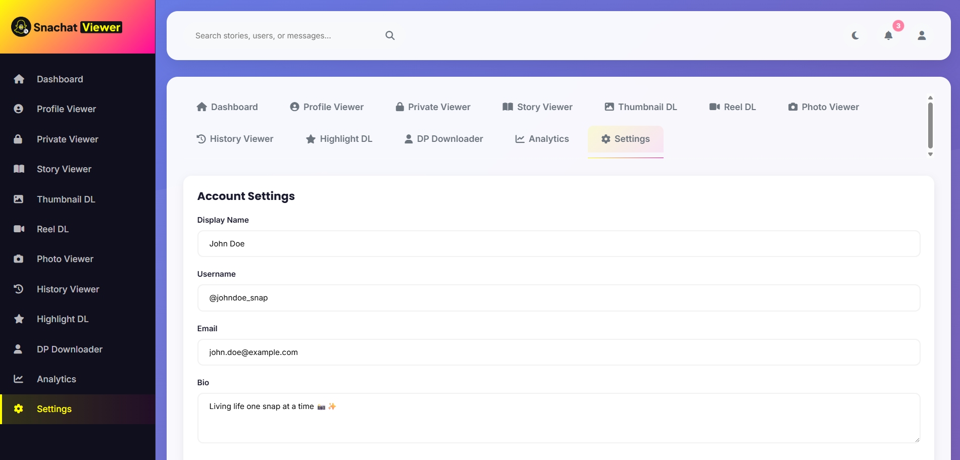 Settings and customization dashboard screenshot