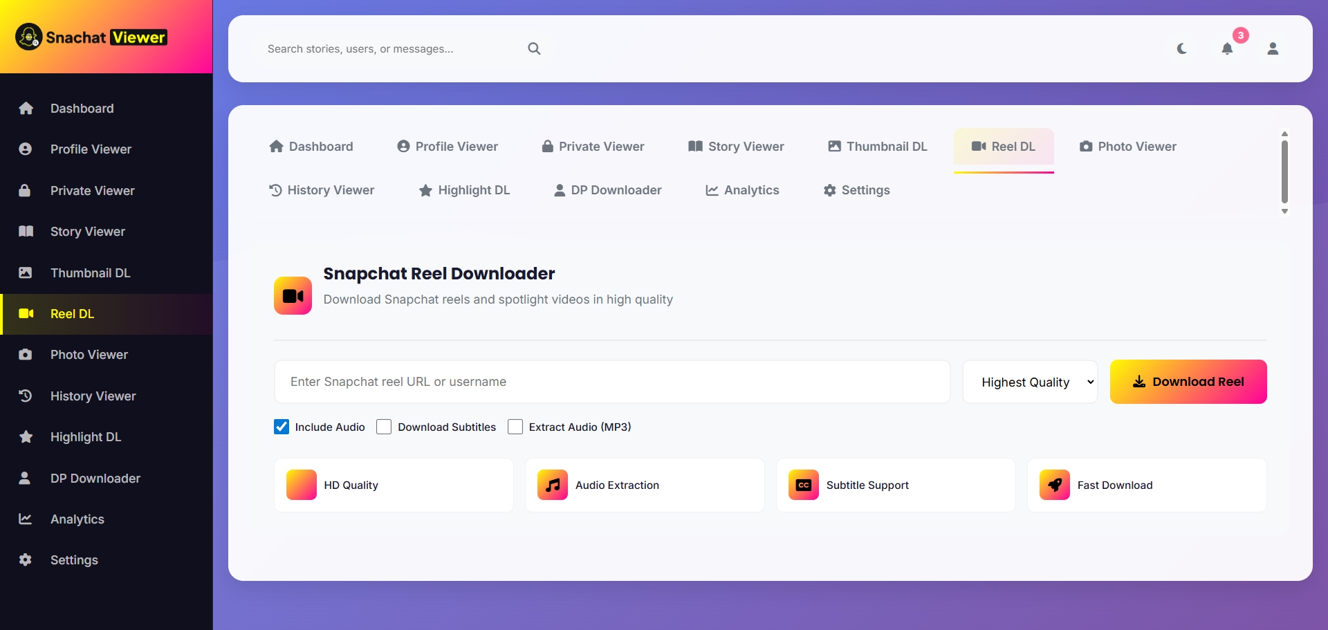 Snapchat Viewer reels and download feature screenshot