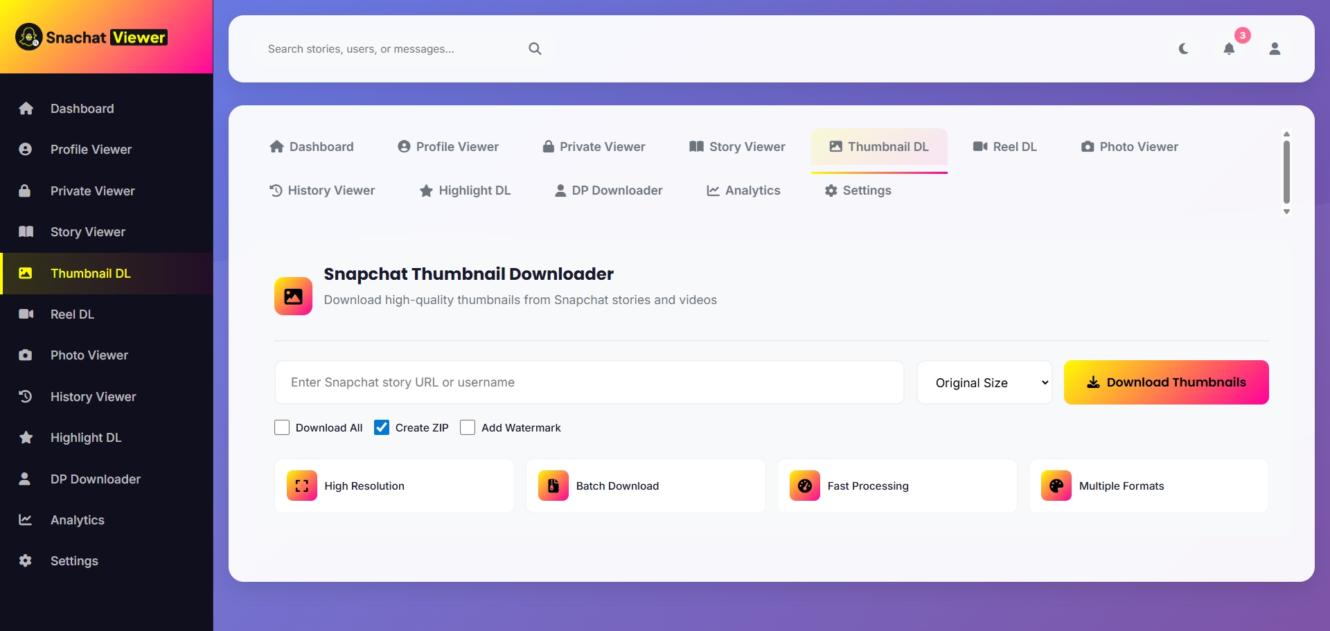 Thumbnail Downloader dashboard screenshot