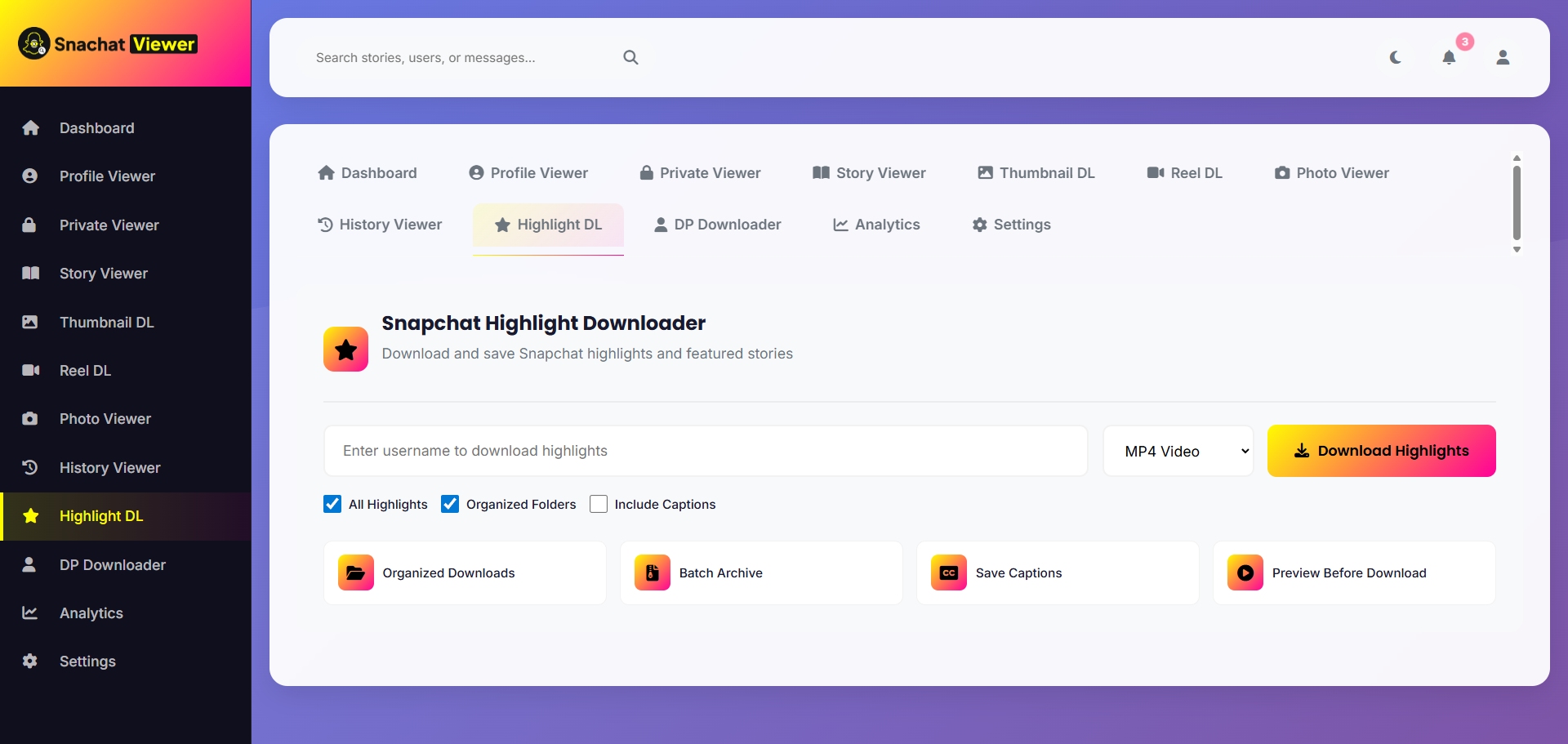 Highlight Downloader dashboard screenshot